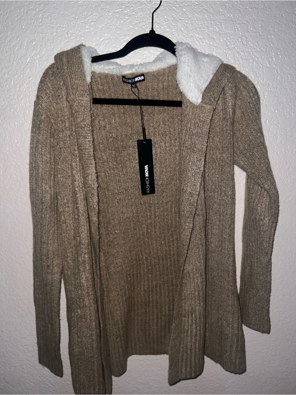 NWT Fashion Nova Taupe Knit Hooded Cardigan with White Sherpa Lining